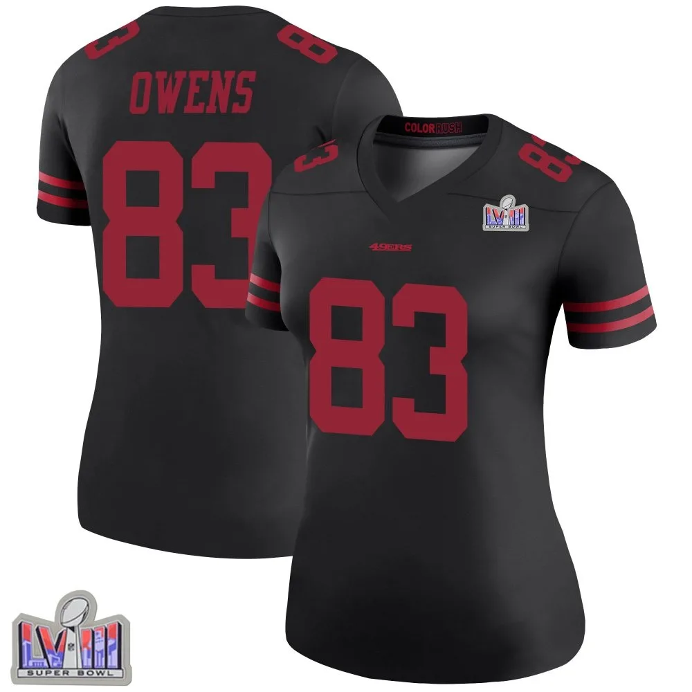Women's San Francisco 49ers Terique Owens Nike Color Rush Super Bowl LVIII Patch Legend Black Jersey Women's San Francisco 49ers Terique Owens Nike Color Rush Super Bowl LVIII Patch Legend Black Jersey
