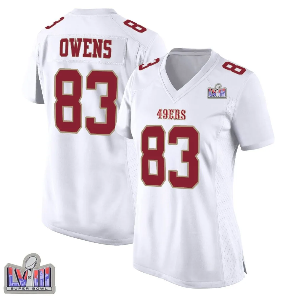 Women's San Francisco 49ers Terique Owens Nike Fashion Super Bowl LVIII Patch Game White Jersey Women's San Francisco 49ers Terique Owens Nike Fashion Super Bowl LVIII Patch Game White Jersey