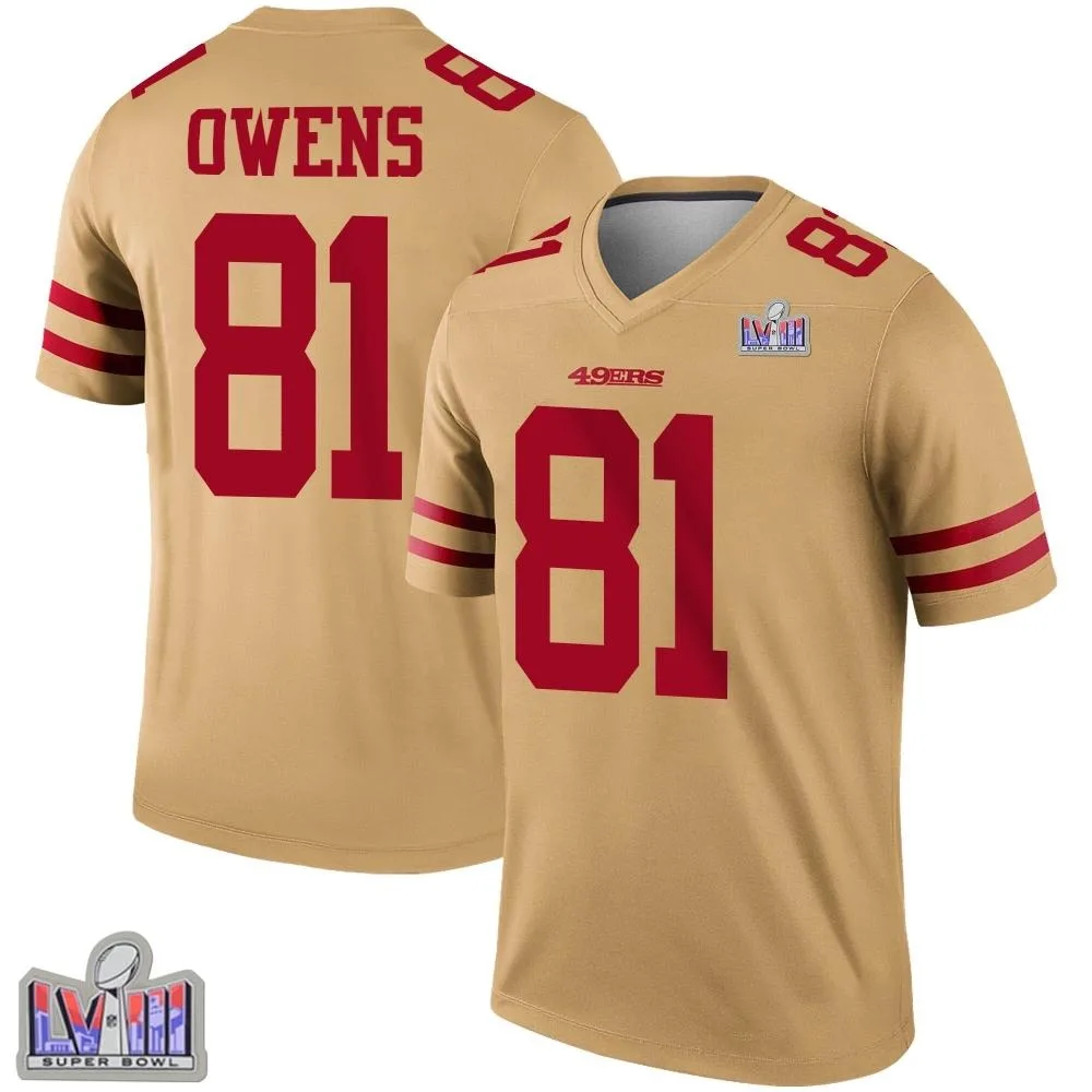 Men's San Francisco 49ers Terrell Owens Nike Inverted Super Bowl LVIII Patch Legend Gold Jersey Men's San Francisco 49ers Terrell Owens Nike Inverted Super Bowl LVIII Patch Legend Gold Jersey