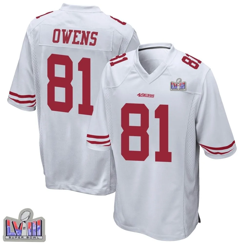 Men's San Francisco 49ers Terrell Owens Nike Super Bowl LVIII Patch Game White Jersey Men's San Francisco 49ers Terrell Owens Nike Super Bowl LVIII Patch Game White Jersey
