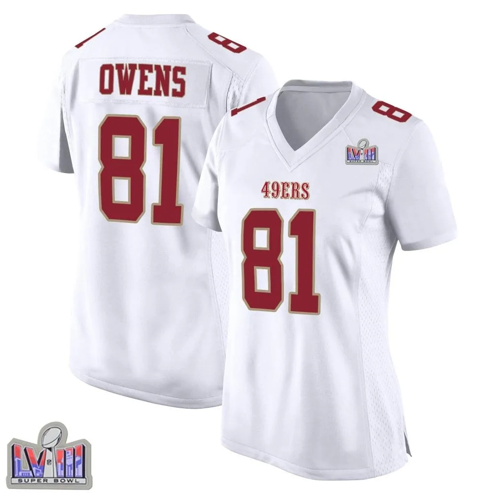 Women's San Francisco 49ers Terrell Owens Nike Fashion Super Bowl LVIII Patch Game White Jersey Women's San Francisco 49ers Terrell Owens Nike Fashion Super Bowl LVIII Patch Game White Jersey