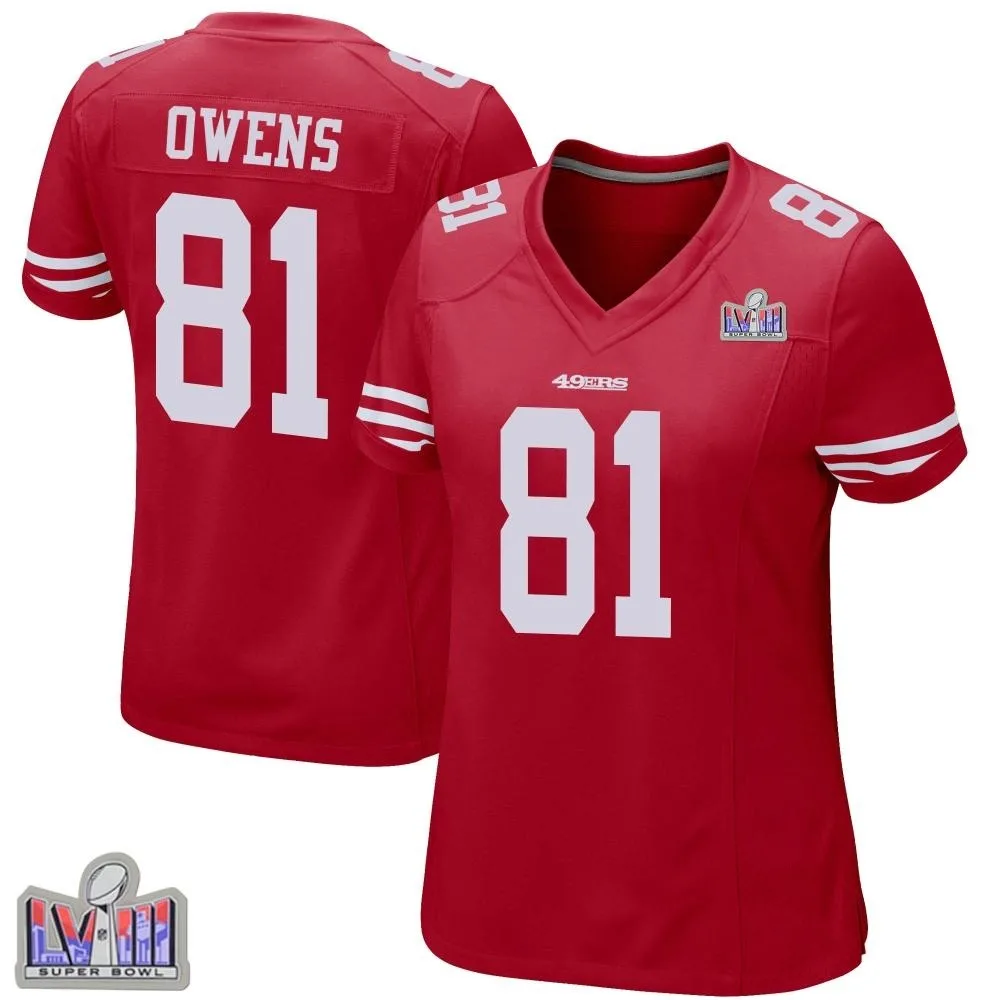 Women's San Francisco 49ers Terrell Owens Nike Team Color Super Bowl LVIII Patch Game Red Jersey Women's San Francisco 49ers Terrell Owens Nike Team Color Super Bowl LVIII Patch Game Red Jersey
