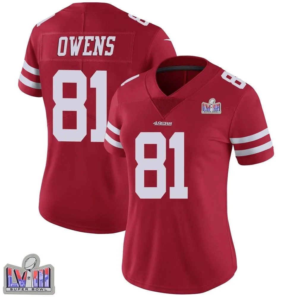 Women's San Francisco 49ers Terrell Owens Nike Team Color Vapor Untouchable Super Bowl LVIII Patch Limited Red Jersey Women's San Francisco 49ers Terrell Owens Nike Team Color Vapor Untouchable Super Bowl LVIII Patch Limited Red Jersey