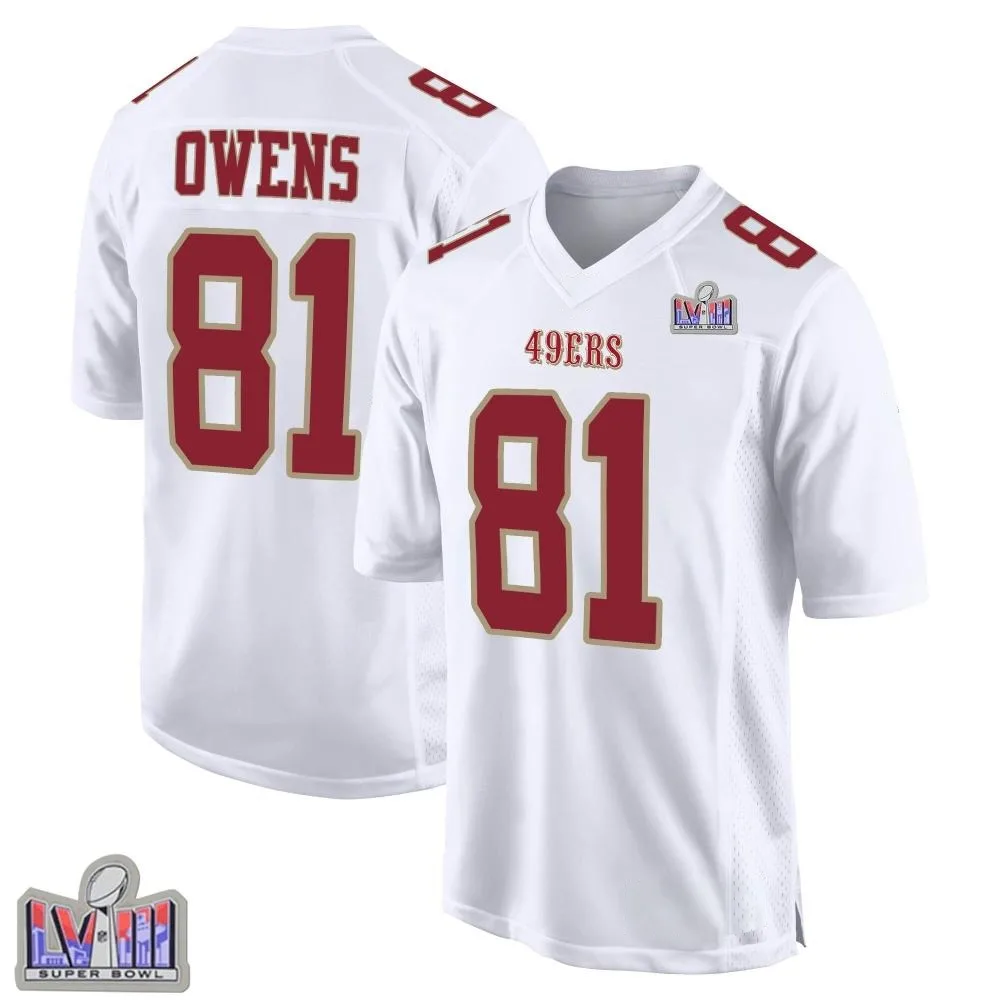 Youth San Francisco 49ers Terrell Owens Nike Fashion Super Bowl LVIII Patch Game White Jersey Youth San Francisco 49ers Terrell Owens Nike Fashion Super Bowl LVIII Patch Game White Jersey
