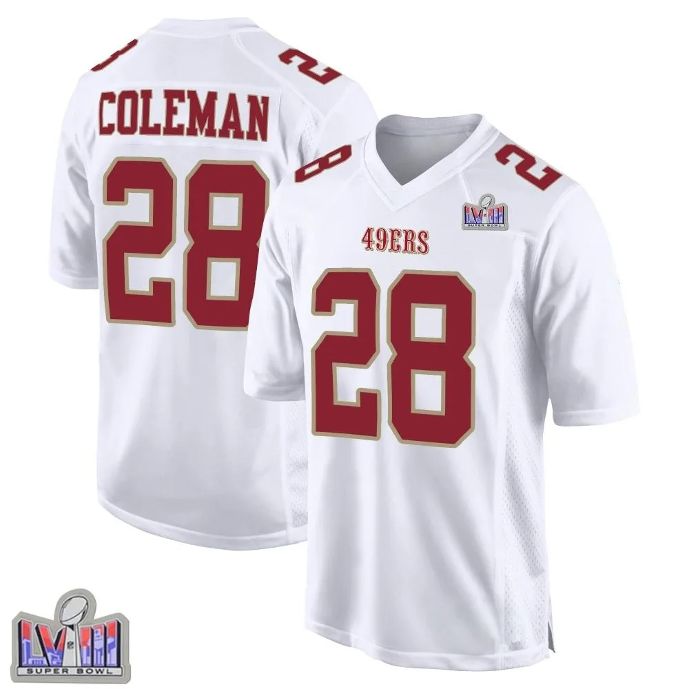 Men's San Francisco 49ers Tevin Coleman Nike Fashion Super Bowl LVIII Patch Game White Jersey Men's San Francisco 49ers Tevin Coleman Nike Fashion Super Bowl LVIII Patch Game White Jersey
