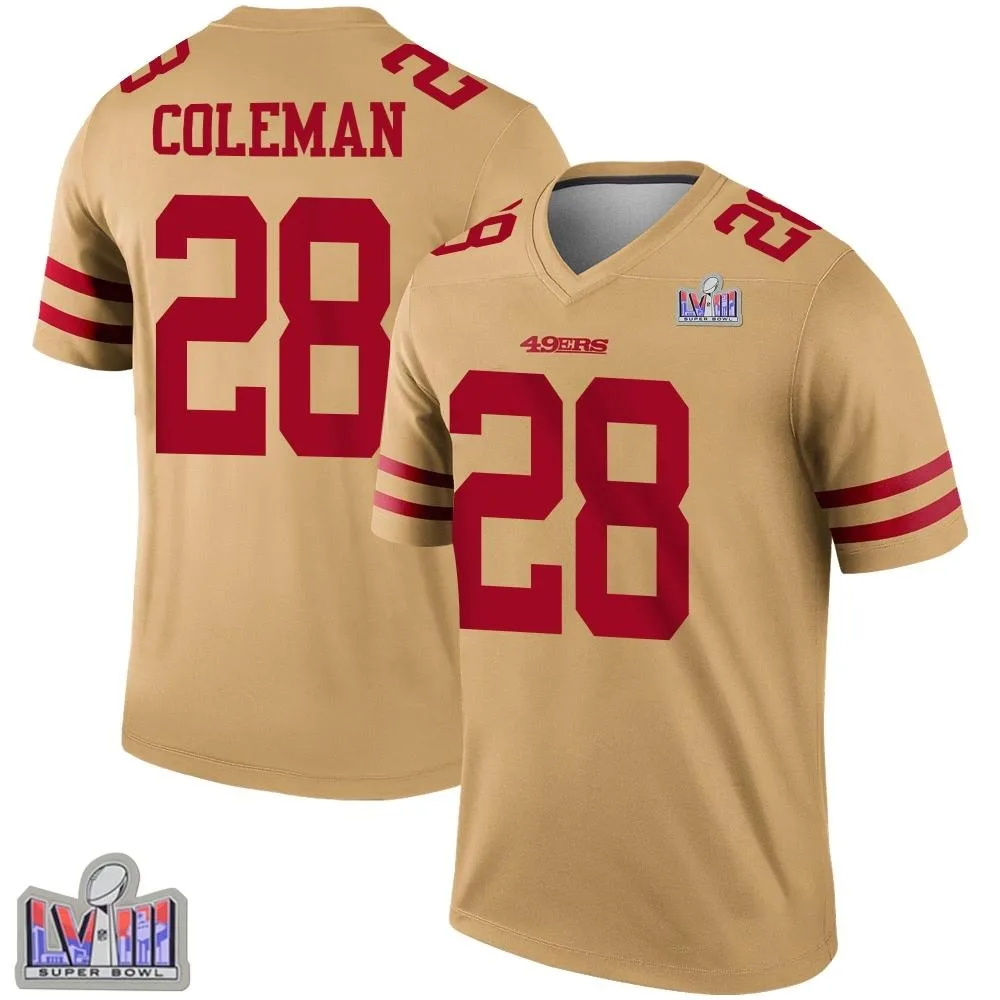 Men's San Francisco 49ers Tevin Coleman Nike Inverted Super Bowl LVIII Patch Legend Gold Jersey Men's San Francisco 49ers Tevin Coleman Nike Inverted Super Bowl LVIII Patch Legend Gold Jersey