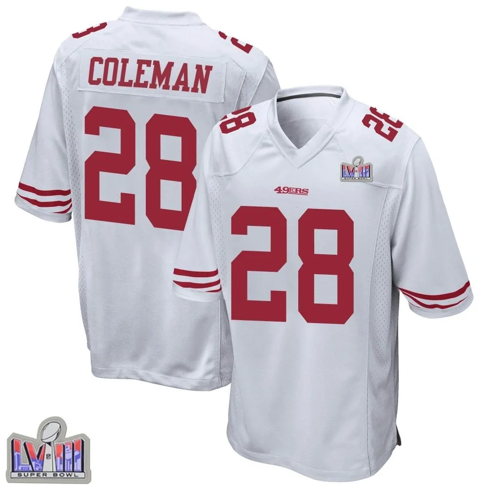 Men's San Francisco 49ers Tevin Coleman Nike Super Bowl LVIII Patch Game White Jersey Men's San Francisco 49ers Tevin Coleman Nike Super Bowl LVIII Patch Game White Jersey