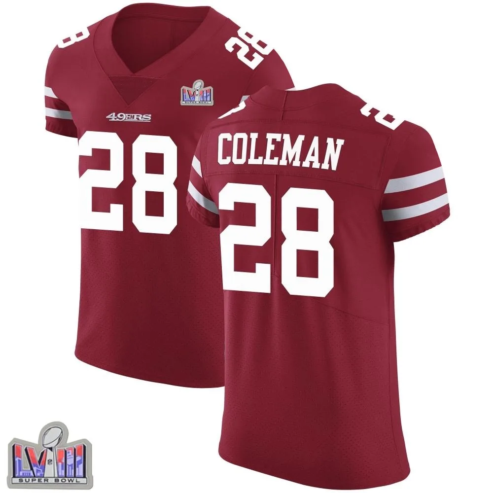 Men's San Francisco 49ers Tevin Coleman Nike Team Color Vapor Untouchable Super Bowl LVIII Patch Elite Red Jersey Men's San Francisco 49ers Tevin Coleman Nike Team Color Vapor Untouchable Super Bowl LVIII Patch Elite Red Jersey