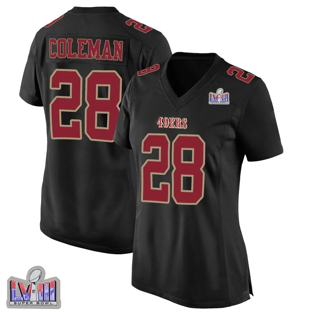 Women's San Francisco 49ers Tevin Coleman Nike Fashion Super Bowl LVIII Patch Game Black Jersey Women's San Francisco 49ers Tevin Coleman Nike Fashion Super Bowl LVIII Patch Game Black Jersey