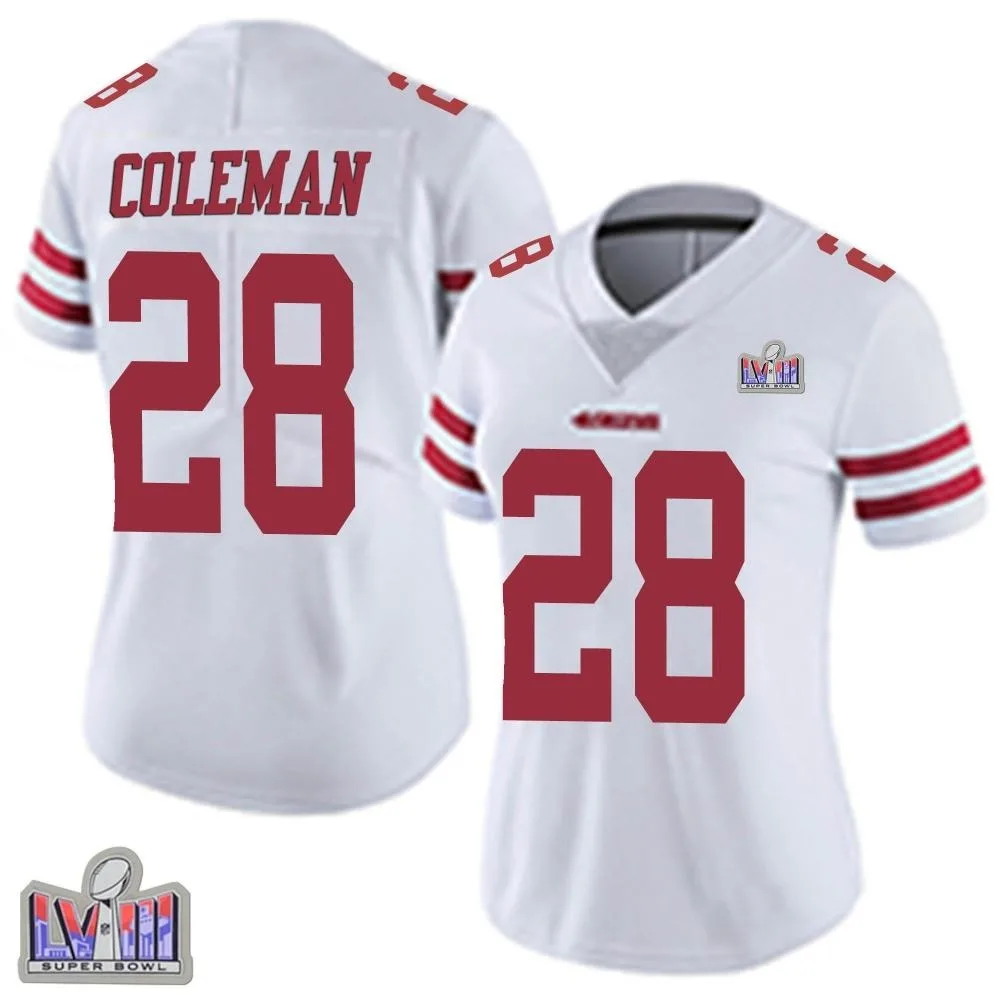 Women's San Francisco 49ers Tevin Coleman Nike Vapor Untouchable Super Bowl LVIII Patch Limited White Jersey Women's San Francisco 49ers Tevin Coleman Nike Vapor Untouchable Super Bowl LVIII Patch Limited White Jersey