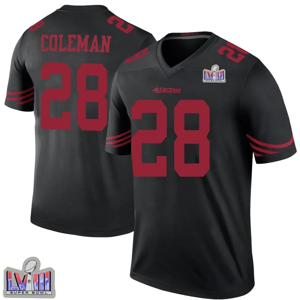 Youth San Francisco 49ers Tevin Coleman Nike Color Rush Super Bowl LVIII Patch Legend Black Jersey Youth San Francisco 49ers Tevin Coleman Nike Color Rush Super Bowl LVIII Patch Legend Black Jersey