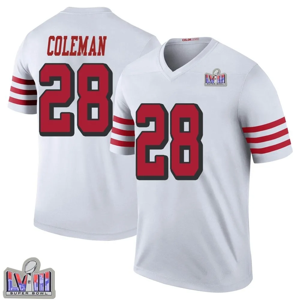 Youth San Francisco 49ers Tevin Coleman Nike Color Rush Super Bowl LVIII Patch Legend White Jersey Youth San Francisco 49ers Tevin Coleman Nike Color Rush Super Bowl LVIII Patch Legend White Jersey