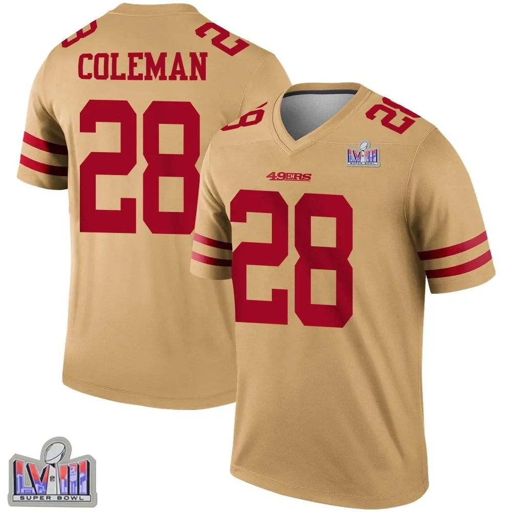 Youth San Francisco 49ers Tevin Coleman Nike Inverted Super Bowl LVIII Patch Legend Gold Jersey Youth San Francisco 49ers Tevin Coleman Nike Inverted Super Bowl LVIII Patch Legend Gold Jersey