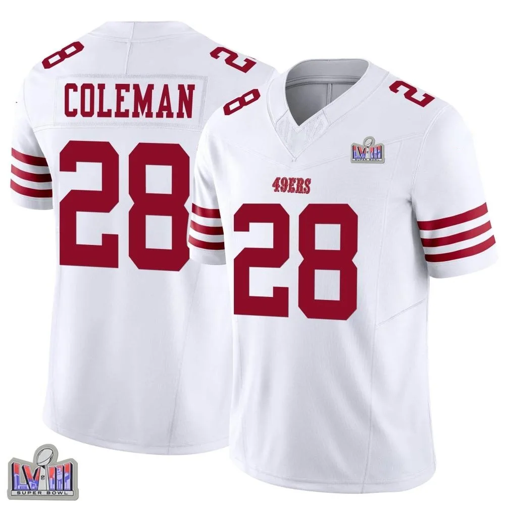 Youth San Francisco 49ers Tevin Coleman Nike Vapor F.U.S.E. Super Bowl LVIII Patch Limited White Jersey Youth San Francisco 49ers Tevin Coleman Nike Vapor F.U.S.E. Super Bowl LVIII Patch Limited White Jersey