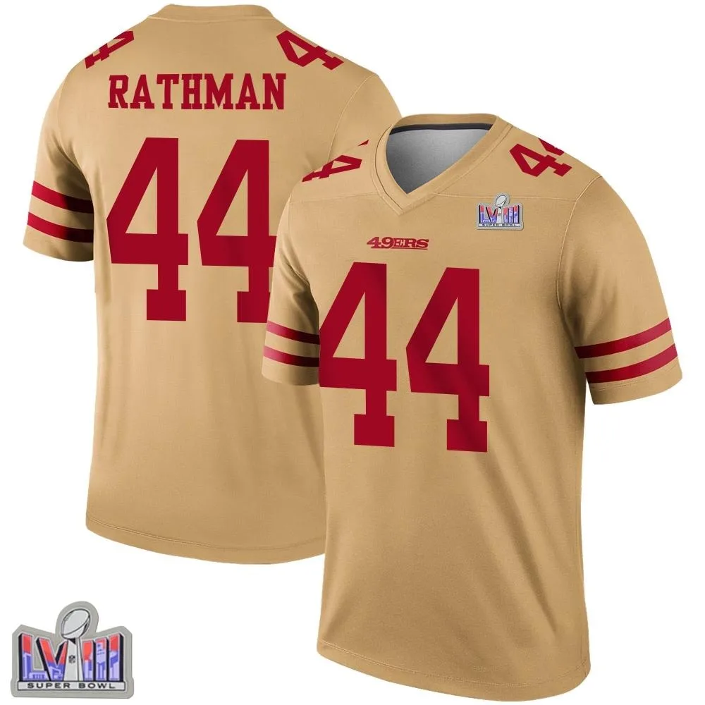 Men's San Francisco 49ers Tom Rathman Nike Inverted Super Bowl LVIII Patch Legend Gold Jersey Men's San Francisco 49ers Tom Rathman Nike Inverted Super Bowl LVIII Patch Legend Gold Jersey