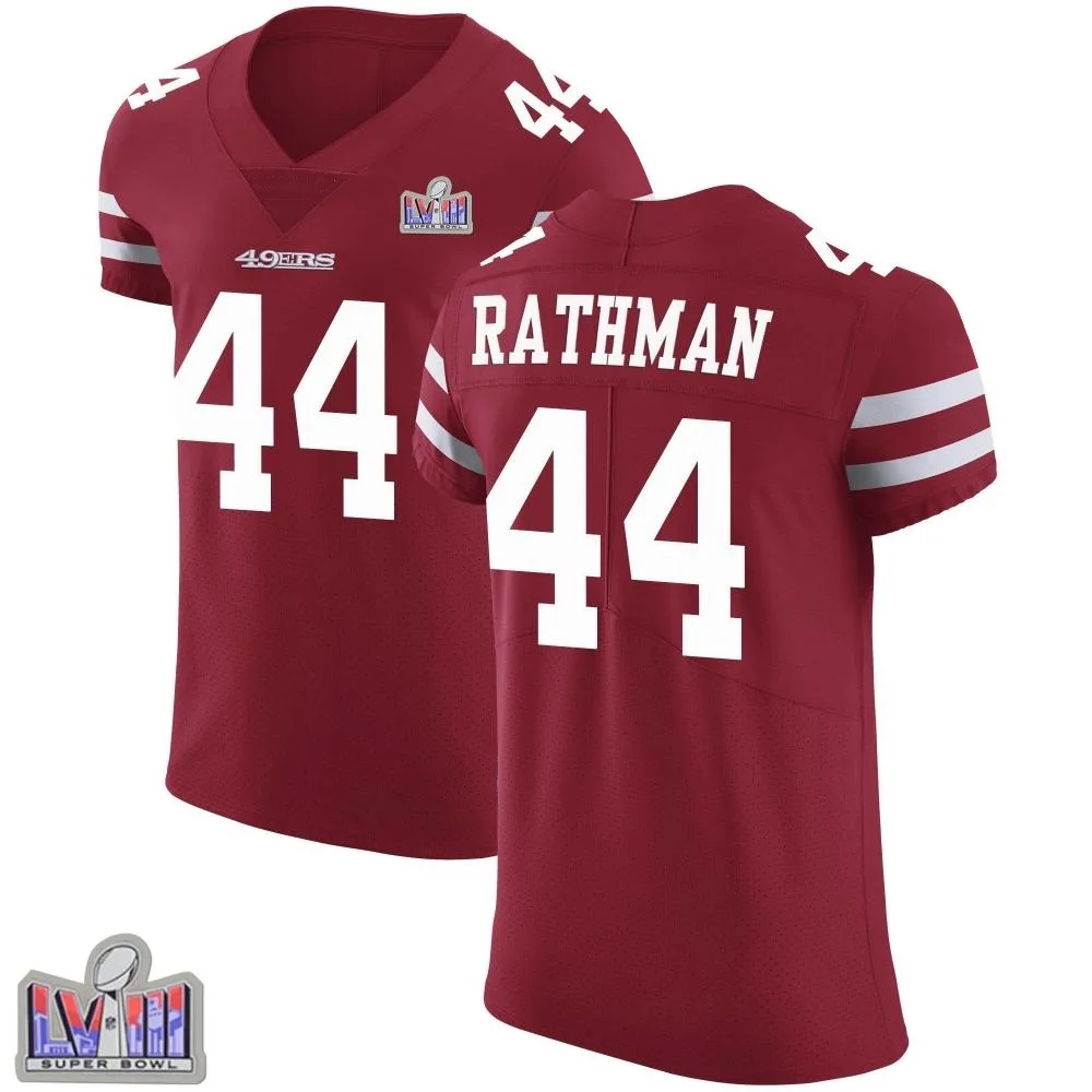 Men's San Francisco 49ers Tom Rathman Nike Team Color Vapor Untouchable Super Bowl LVIII Patch Elite Red Jersey Men's San Francisco 49ers Tom Rathman Nike Team Color Vapor Untouchable Super Bowl LVIII Patch Elite Red Jersey