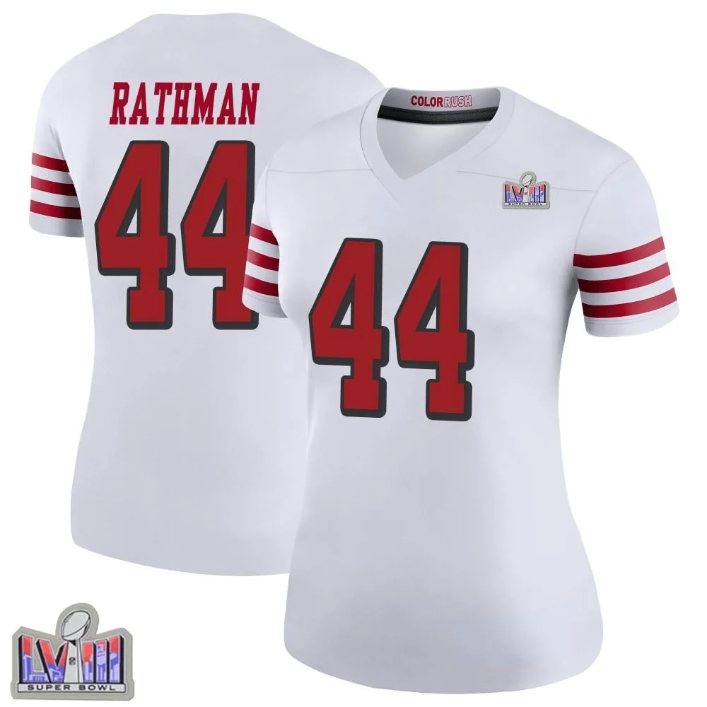 Women's San Francisco 49ers Tom Rathman Nike Color Rush Super Bowl LVIII Patch Legend White Jersey Women's San Francisco 49ers Tom Rathman Nike Color Rush Super Bowl LVIII Patch Legend White Jersey