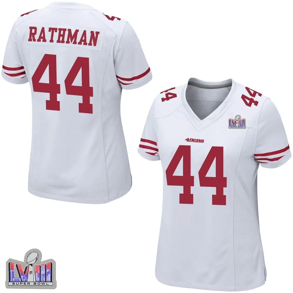 Women's San Francisco 49ers Tom Rathman Nike Super Bowl LVIII Patch Game White Jersey Women's San Francisco 49ers Tom Rathman Nike Super Bowl LVIII Patch Game White Jersey