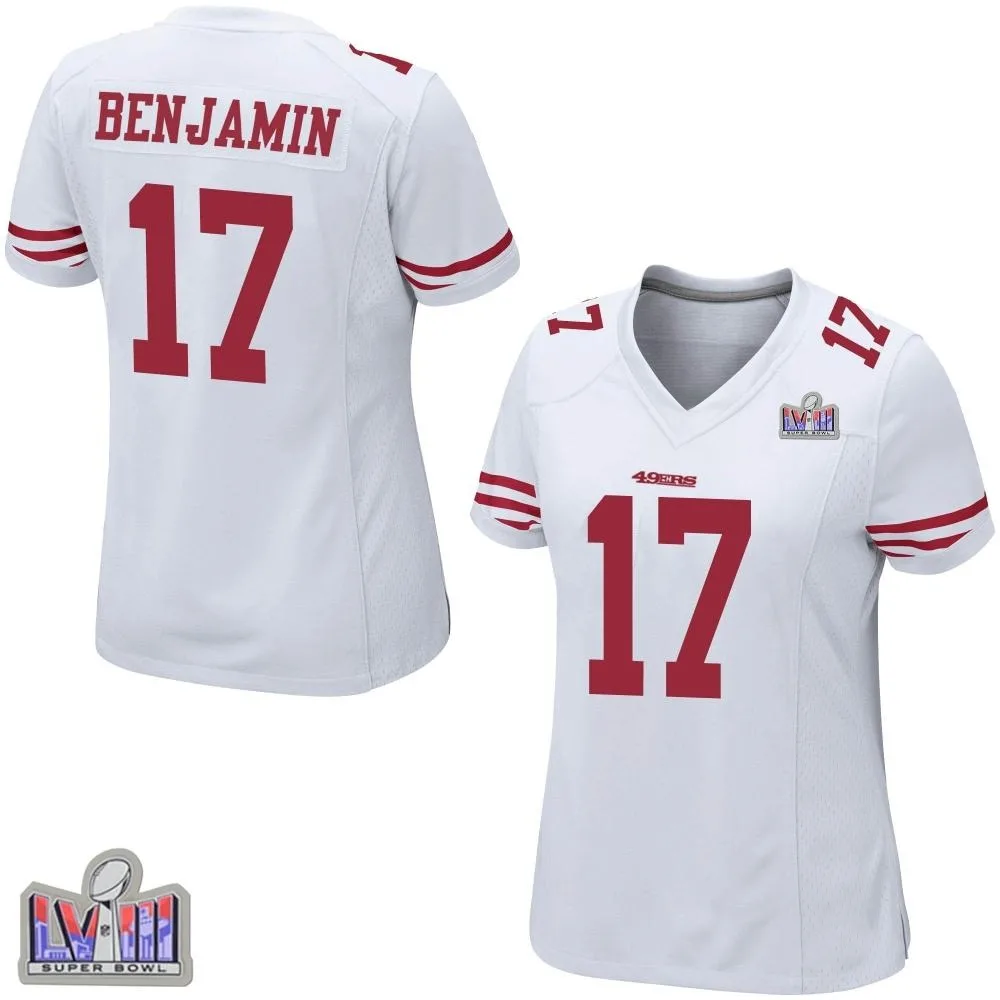 Women's San Francisco 49ers Travis Benjamin Nike Super Bowl LVIII Patch Game White Jersey Women's San Francisco 49ers Travis Benjamin Nike Super Bowl LVIII Patch Game White Jersey