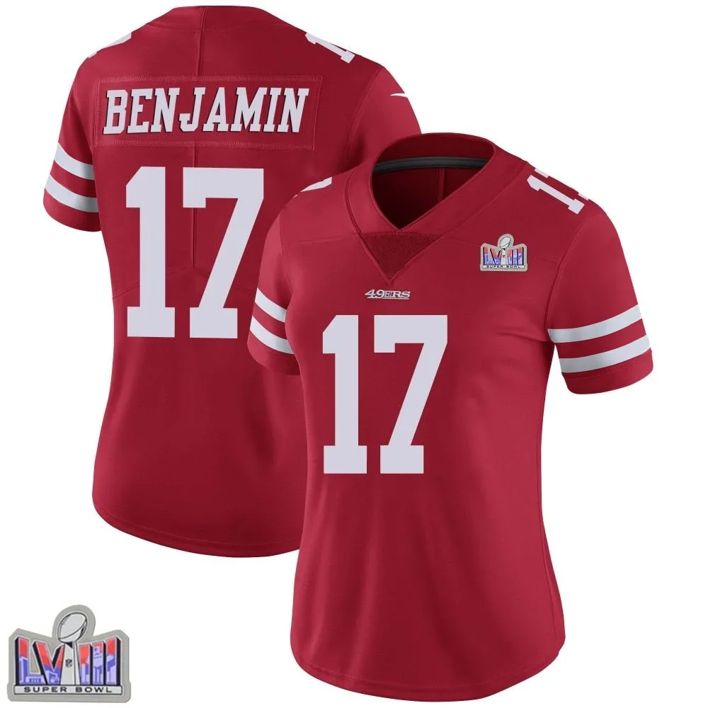 Women's San Francisco 49ers Travis Benjamin Nike Team Color Vapor Untouchable Super Bowl LVIII Patch Limited Red Jersey Women's San Francisco 49ers Travis Benjamin Nike Team Color Vapor Untouchable Super Bowl LVIII Patch Limited Red Jersey