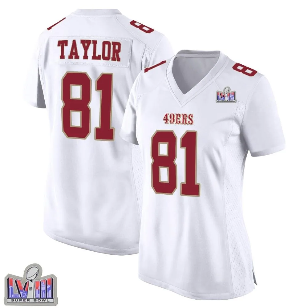 Women's San Francisco 49ers Trent Taylor Nike Fashion Super Bowl LVIII Patch Game White Jersey Women's San Francisco 49ers Trent Taylor Nike Fashion Super Bowl LVIII Patch Game White Jersey