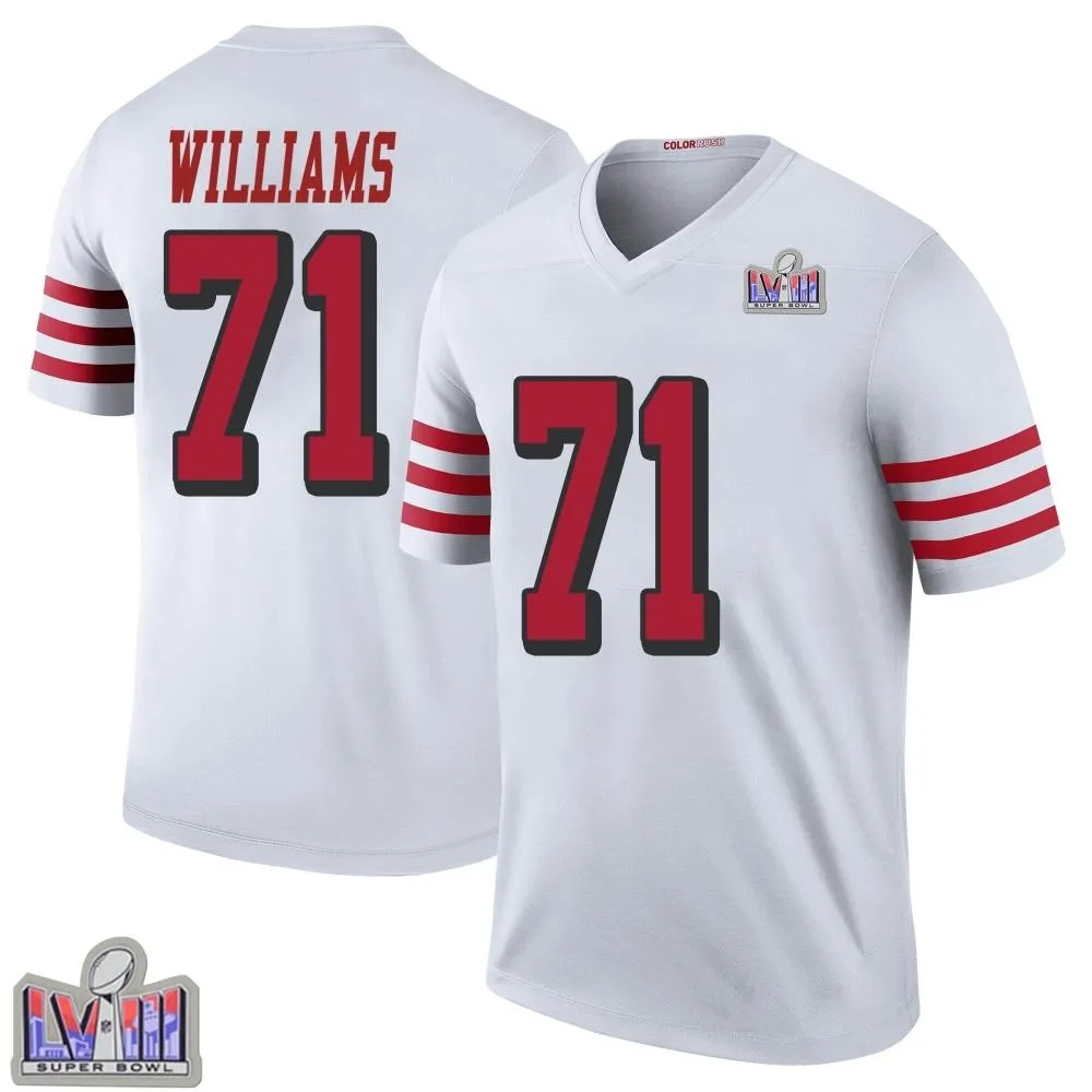 Men's San Francisco 49ers Trent Williams Nike Color Rush Super Bowl LVIII Patch Legend White Jersey Men's San Francisco 49ers Trent Williams Nike Color Rush Super Bowl LVIII Patch Legend White Jersey