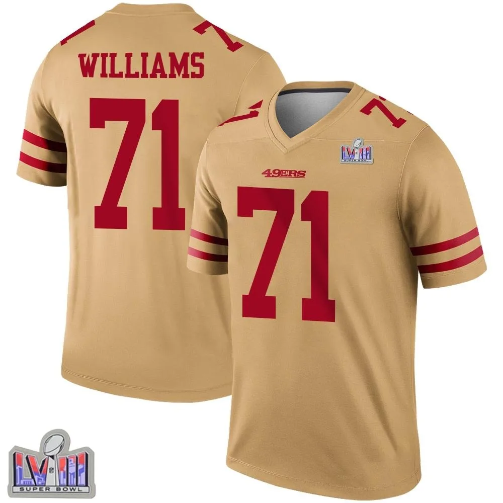 Men's San Francisco 49ers Trent Williams Nike Inverted Super Bowl LVIII Patch Legend Gold Jersey Men's San Francisco 49ers Trent Williams Nike Inverted Super Bowl LVIII Patch Legend Gold Jersey