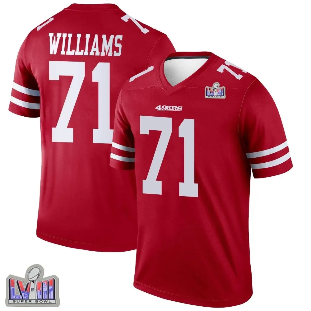 Men's San Francisco 49ers Trent Williams Nike Super Bowl LVIII Patch Legend Scarlet Jersey Men's San Francisco 49ers Trent Williams Nike Super Bowl LVIII Patch Legend Scarlet Jersey