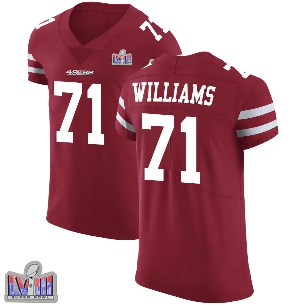 Men's San Francisco 49ers Trent Williams Nike Team Color Vapor Untouchable Super Bowl LVIII Patch Elite Red Jersey Men's San Francisco 49ers Trent Williams Nike Team Color Vapor Untouchable Super Bowl LVIII Patch Elite Red Jersey