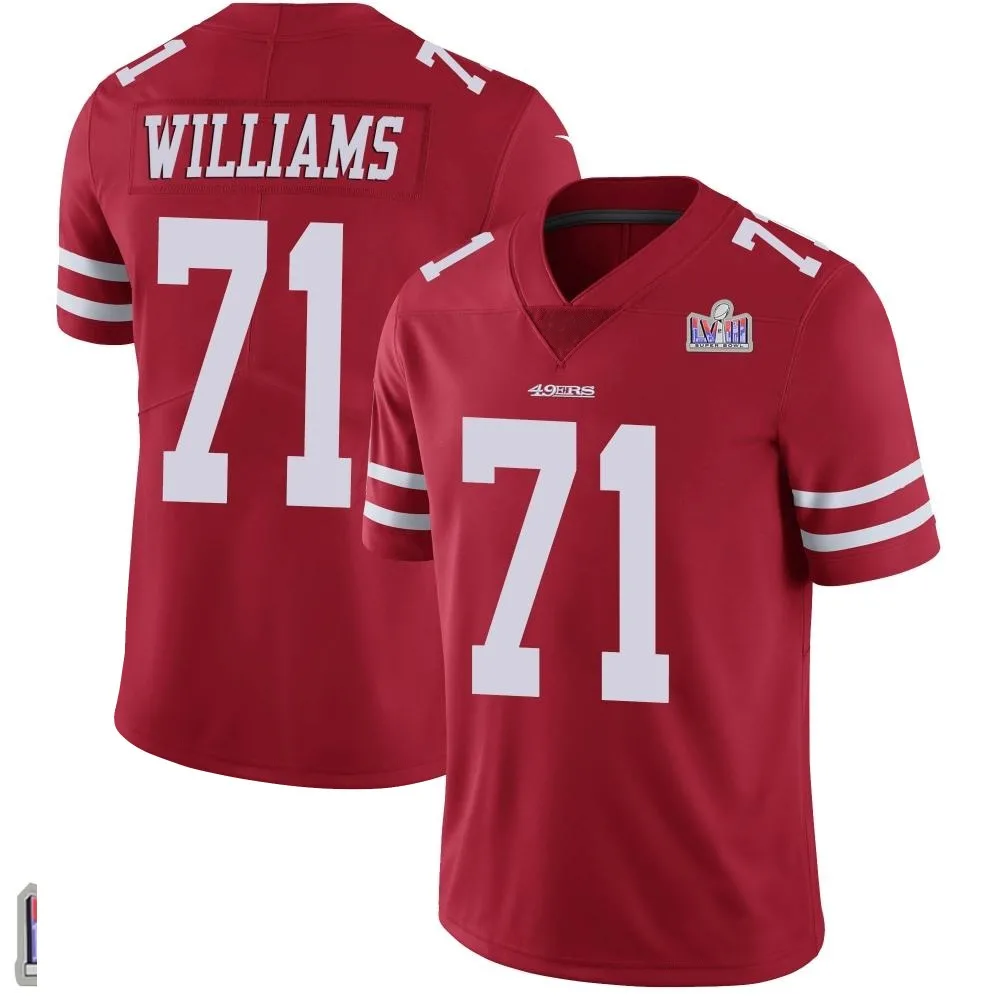 Men's San Francisco 49ers Trent Williams Nike Team Color Vapor Untouchable Super Bowl LVIII Patch Limited Red Jersey Men's San Francisco 49ers Trent Williams Nike Team Color Vapor Untouchable Super Bowl LVIII Patch Limited Red Jersey