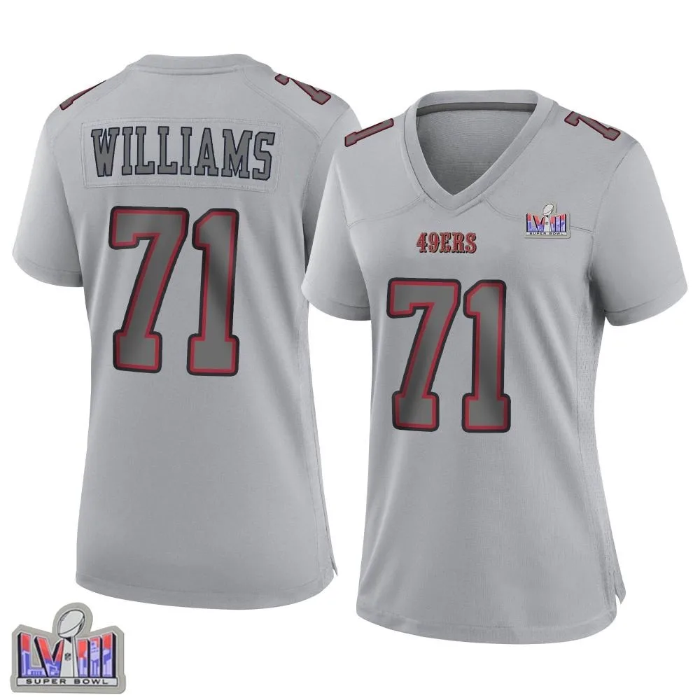 Women's San Francisco 49ers Trent Williams Nike Atmosphere Fashion Super Bowl LVIII Patch Game Gray Jersey Women's San Francisco 49ers Trent Williams Nike Atmosphere Fashion Super Bowl LVIII Patch Game Gray Jersey