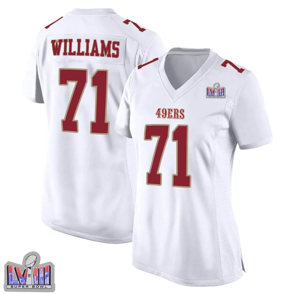 Women's San Francisco 49ers Trent Williams Nike Fashion Super Bowl LVIII Patch Game White Jersey Women's San Francisco 49ers Trent Williams Nike Fashion Super Bowl LVIII Patch Game White Jersey