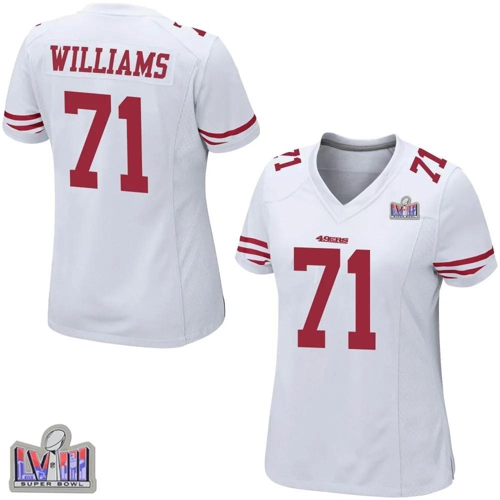 Women's San Francisco 49ers Trent Williams Nike Super Bowl LVIII Patch Game White Jersey Women's San Francisco 49ers Trent Williams Nike Super Bowl LVIII Patch Game White Jersey