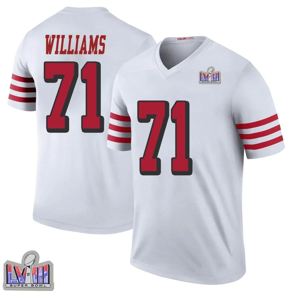 Youth San Francisco 49ers Trent Williams Nike Color Rush Super Bowl LVIII Patch Legend White Jersey Youth San Francisco 49ers Trent Williams Nike Color Rush Super Bowl LVIII Patch Legend White Jersey