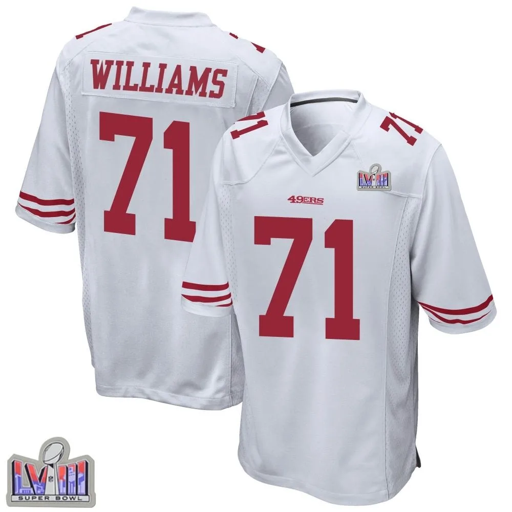 Youth San Francisco 49ers Trent Williams Nike Super Bowl LVIII Patch Game White Jersey Youth San Francisco 49ers Trent Williams Nike Super Bowl LVIII Patch Game White Jersey