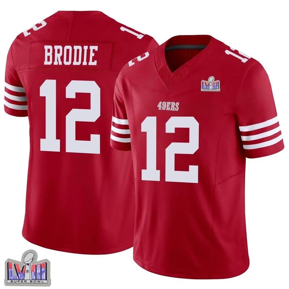 Men's San Francisco 49ers Wilson John Brodie Nike Vapor F.U.S.E. Super Bowl LVIII Patch Limited Scarlet Jersey Men's San Francisco 49ers Wilson John Brodie Nike Vapor F.U.S.E. Super Bowl LVIII Patch Limited Scarlet Jersey