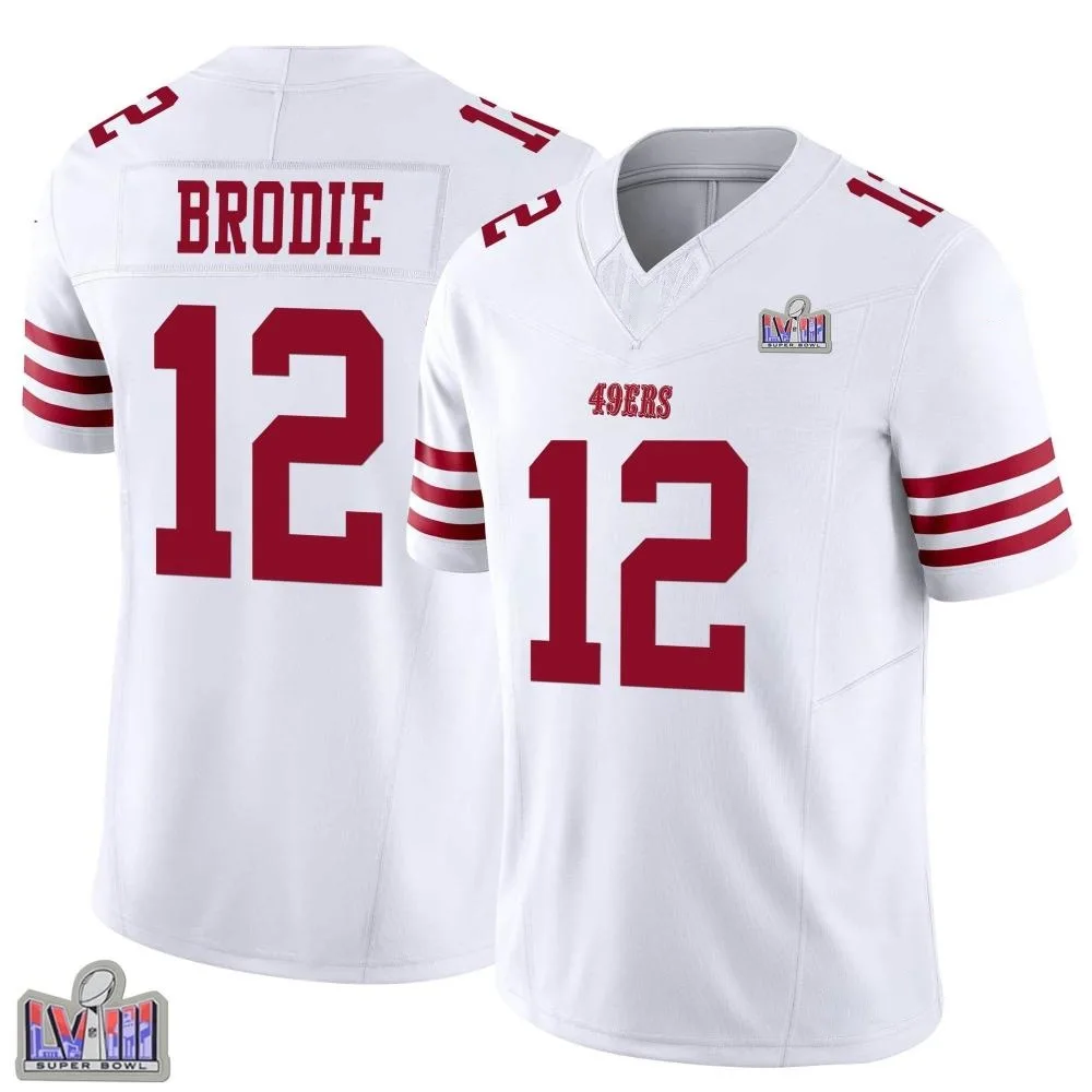 Men's San Francisco 49ers Wilson John Brodie Nike Vapor F.U.S.E. Super Bowl LVIII Patch Limited White Jersey Men's San Francisco 49ers Wilson John Brodie Nike Vapor F.U.S.E. Super Bowl LVIII Patch Limited White Jersey