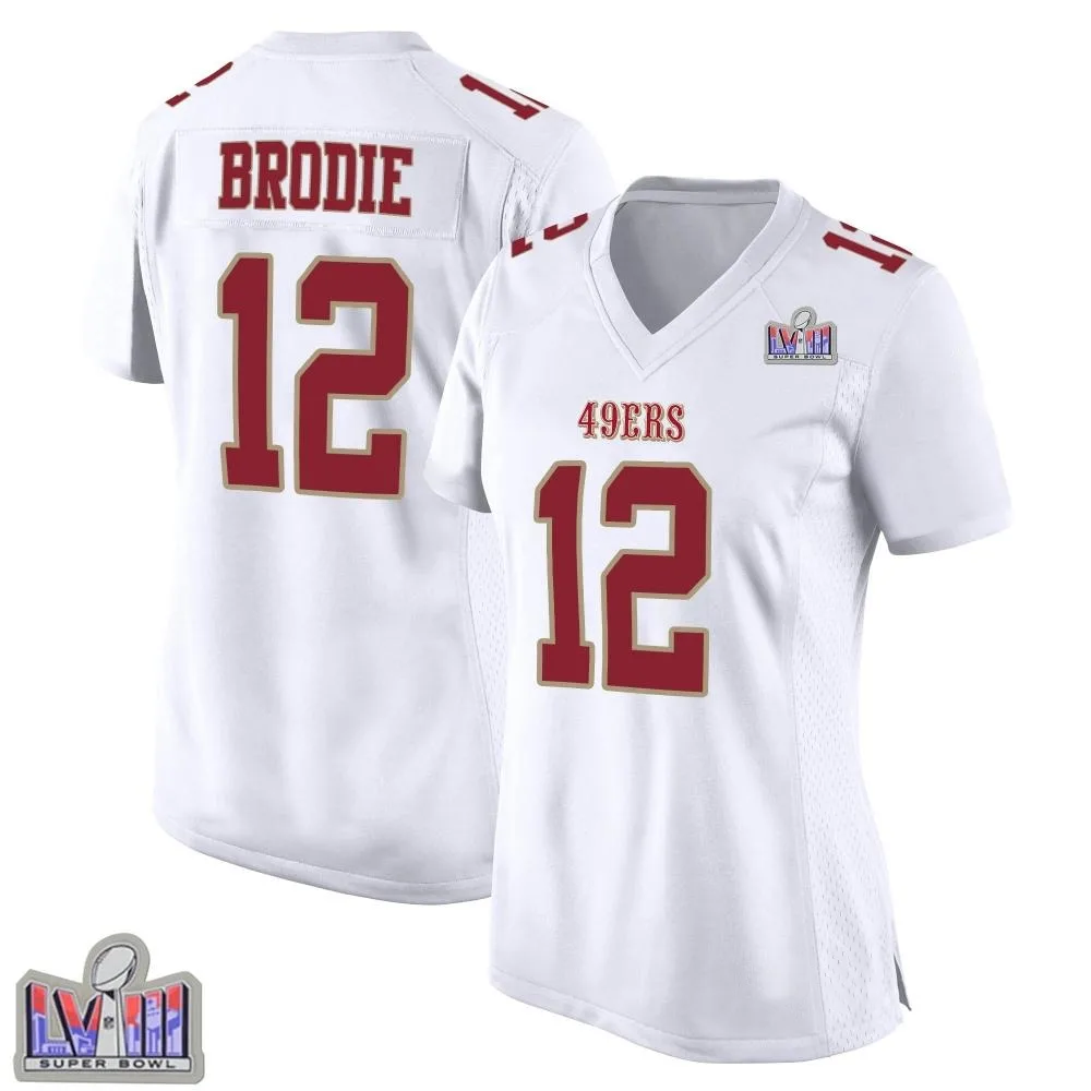Women's San Francisco 49ers Wilson John Brodie Nike Fashion Super Bowl LVIII Patch Game White Jersey Women's San Francisco 49ers Wilson John Brodie Nike Fashion Super Bowl LVIII Patch Game White Jersey