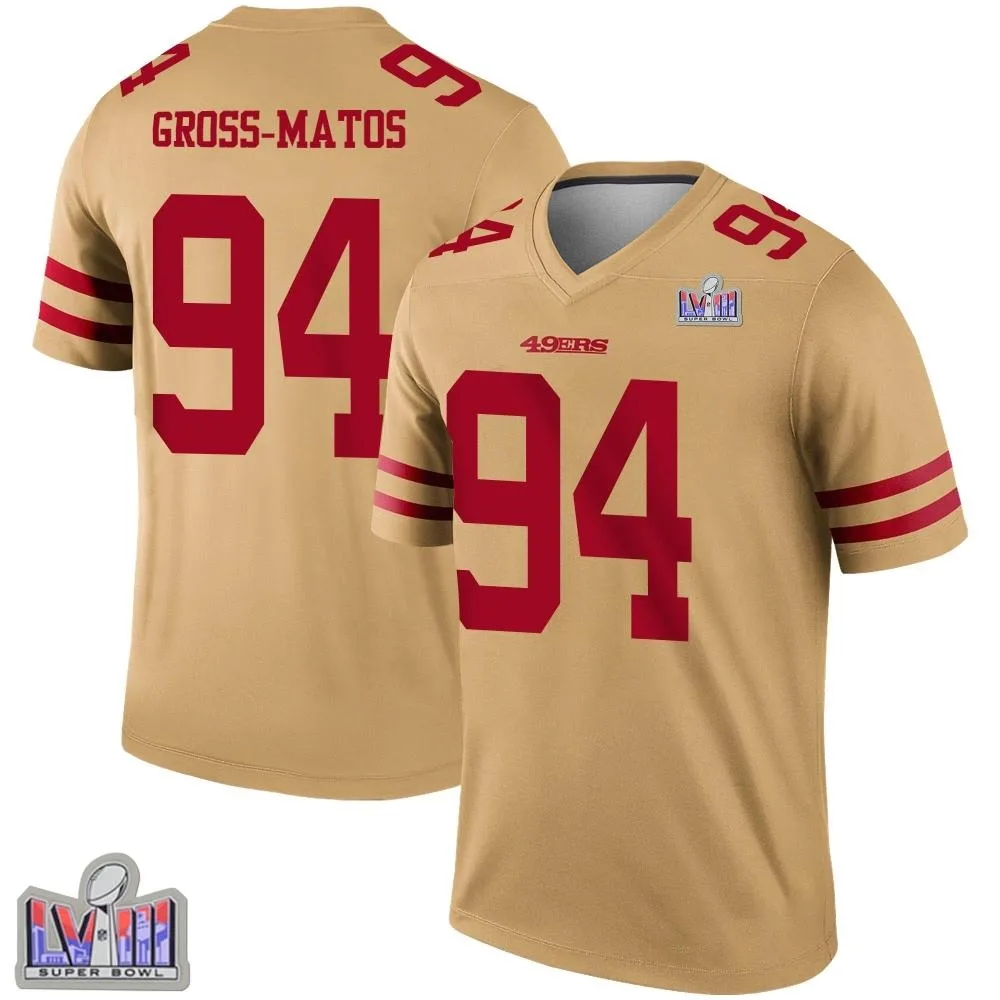 Men's San Francisco 49ers Yetur Gross-matos Nike Inverted Super Bowl LVIII Patch Legend Gold Jersey Men's San Francisco 49ers Yetur Gross-matos Nike Inverted Super Bowl LVIII Patch Legend Gold Jersey