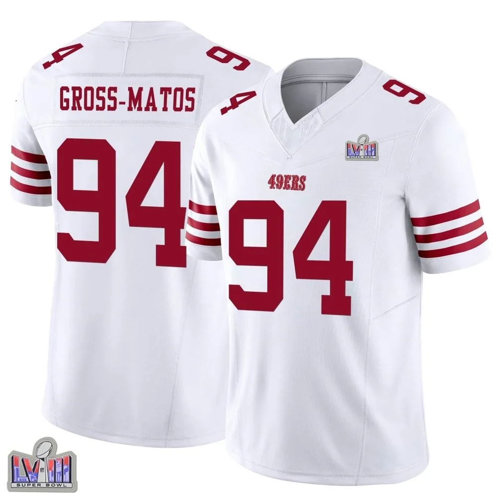 Men's San Francisco 49ers Yetur Gross-matos Nike Vapor F.U.S.E. Super Bowl LVIII Patch Limited White Jersey Men's San Francisco 49ers Yetur Gross-matos Nike Vapor F.U.S.E. Super Bowl LVIII Patch Limited White Jersey