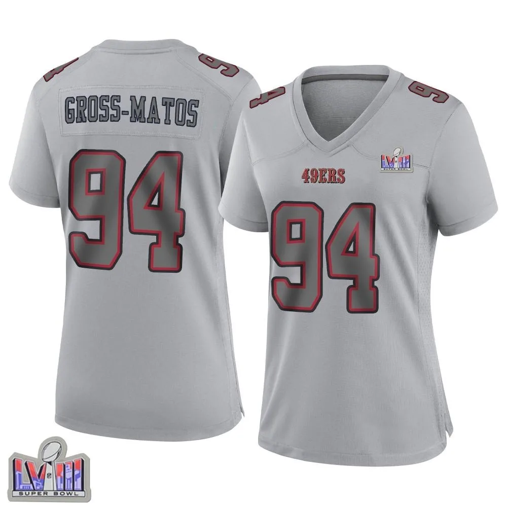 Women's San Francisco 49ers Yetur Gross-matos Nike Atmosphere Fashion Super Bowl LVIII Patch Game Gray Jersey Women's San Francisco 49ers Yetur Gross-matos Nike Atmosphere Fashion Super Bowl LVIII Patch Game Gray Jersey